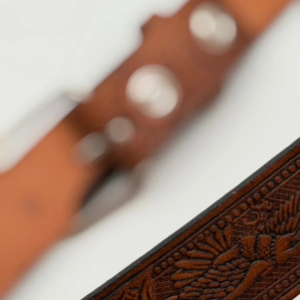 Vintage Western Brown Tooled Leather Belt Eagle Phoenix Embossed Silver Buckle